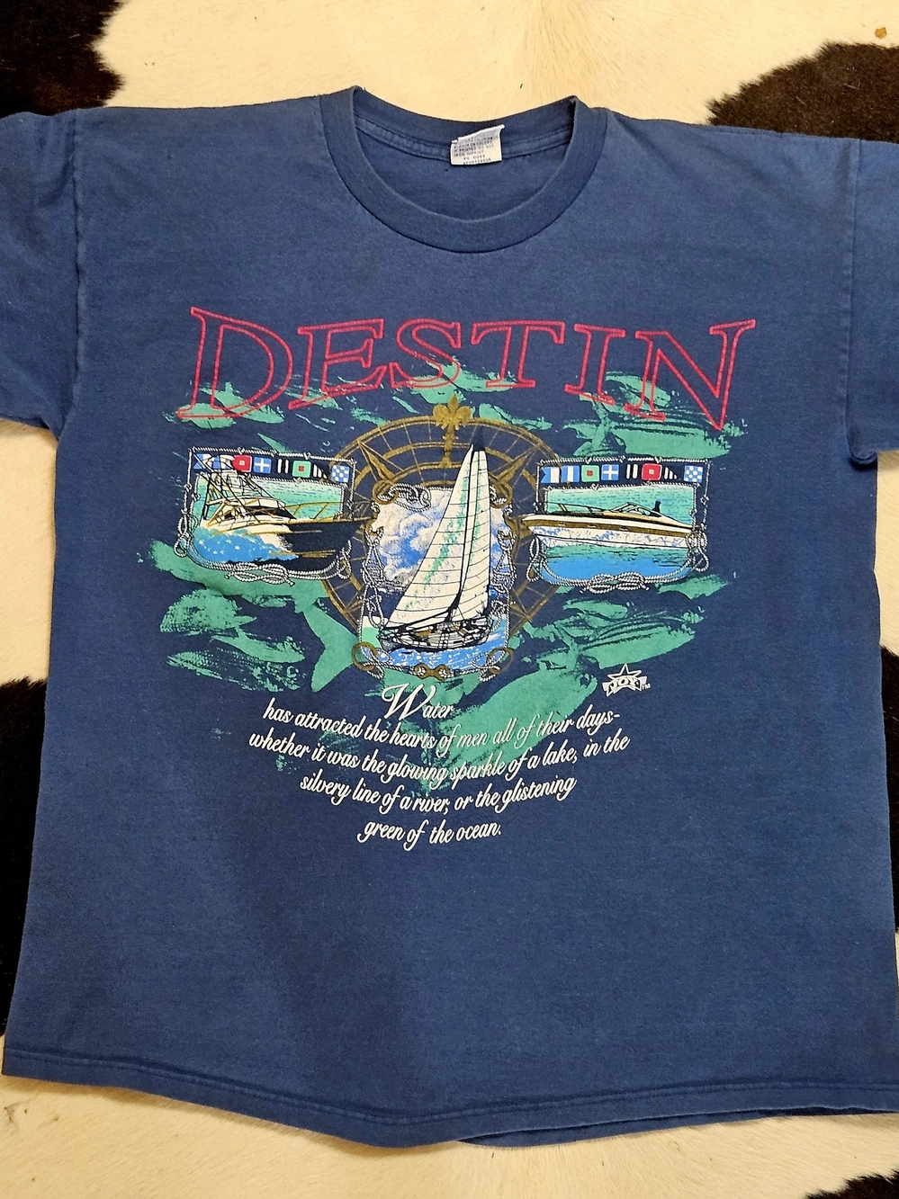 Vintage Single Stitch DESTIN Nautical Graphic Cotton Tee - Blue LARGE
